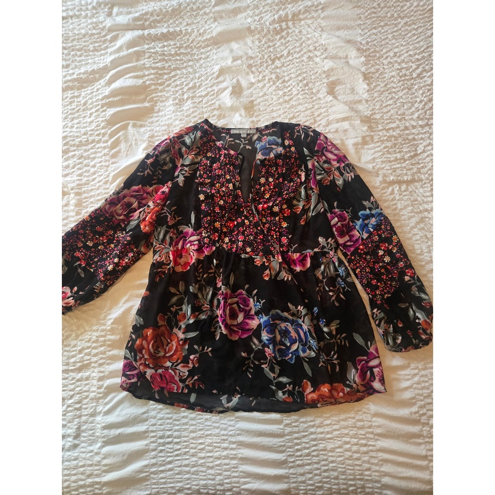 Daniel Rainn Mixed Floral Print Boho Blouse Black Pink Blue Tassel V-Neck Medium